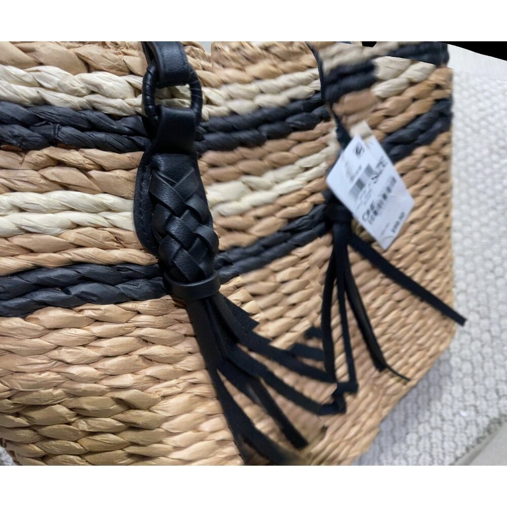 Style & Co $99 Large Straw Tote Black Faux Leather Handles - Picture 7 of 10